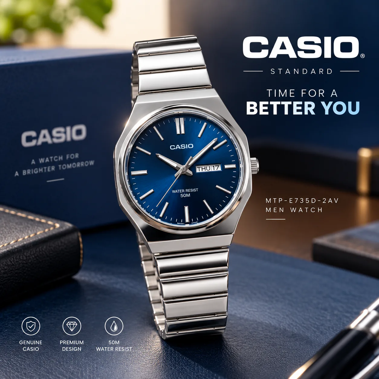 Casio Standard Blue Dial Men's Watch (MTP-E735D-2AV) – Quartz Analog Movement, 5 Bar Water Resistant, Stainless Steel Case & Matching Blue Stainless Steel Band with One-Touch 3-Fold Clasp