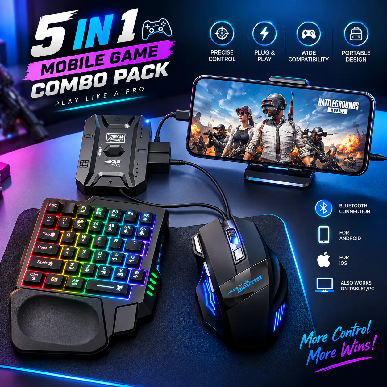 Default 5-in-1 Mobile Gaming Combo Pack – Phone Stand, Keyboard & Mouse Converter Kit for Enhanced Precision, Ergonomic Comfort & Console-Like Mobile Gaming