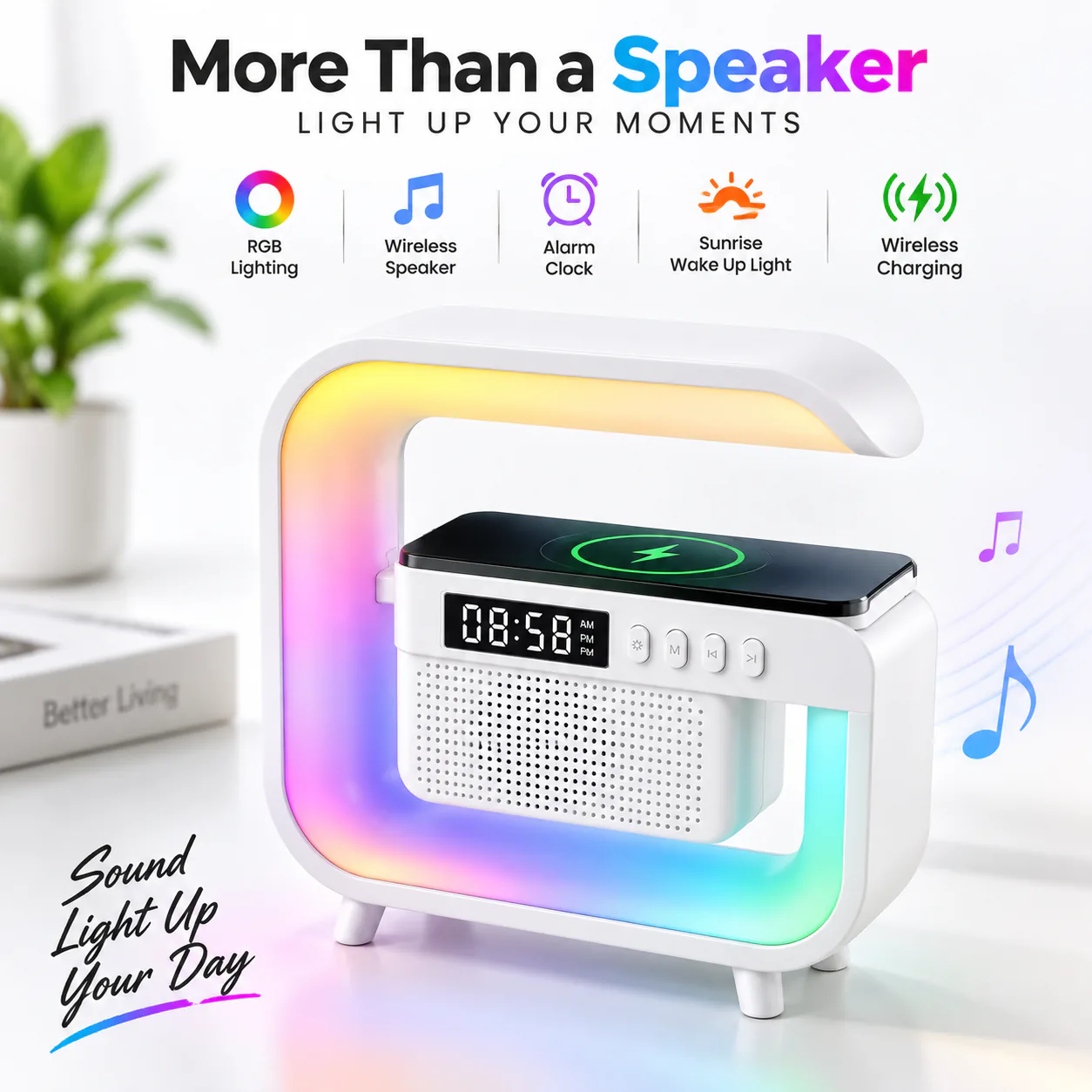G3 Mini Smart Light Bluetooth Speaker – Multifunctional RGB Night Light with Wireless Charger, Digital Alarm Clock, Sunrise Simulation & Natural Sleep Sound Machine