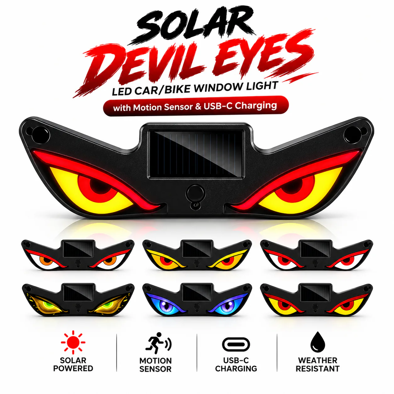 Solar & USB-C Devil Eyes LED Car/Bike Window Light – Smart Motion Sensor Warning & Ambient Styling Light with Dynamic Lighting Effects